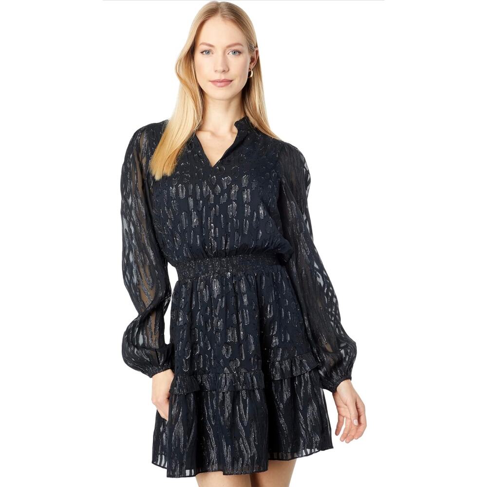Lilly Pulitzer Avelynn Silk Metallic Leopard Jacquard Mini Dress 4 Smocked Waist